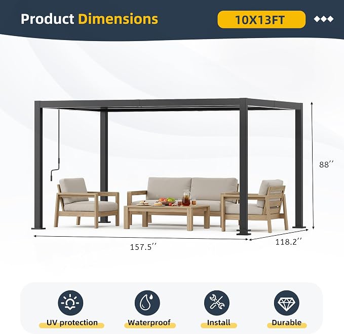 10' x 13' Louvered Pergola, Metal Patio Pergola - Image 3