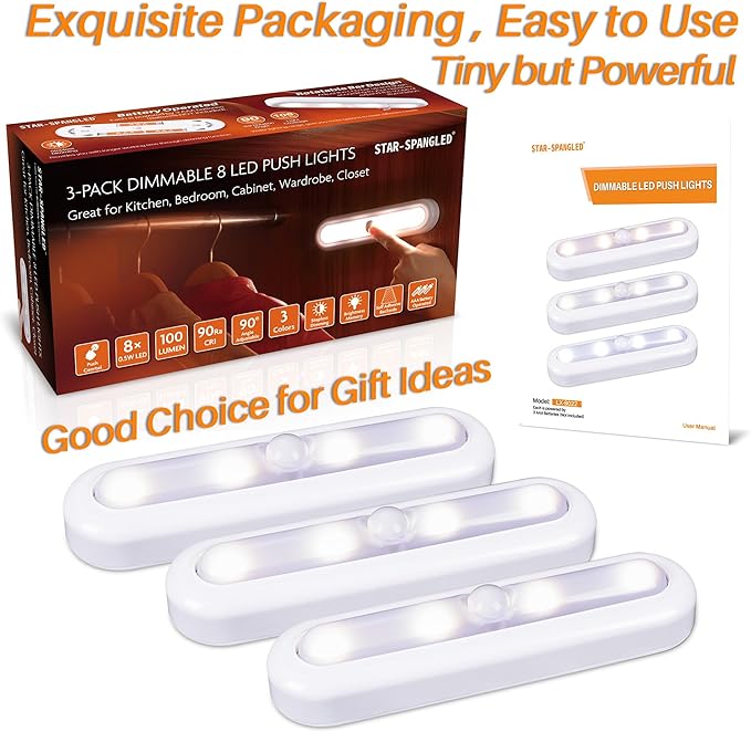STAR-SPANGLED 3 Pack 7” Dimmable Push Tap Lights, Stick on LED Touch Lights AAA - Image 7