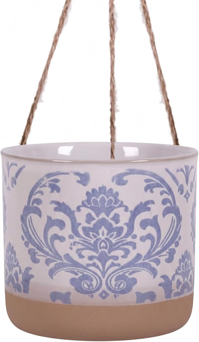 Blue Sky Clayworks 5" Hanging Chantel Blue Planter, Soft Blue Damask & Clay Foot by BlueSkyClayworks