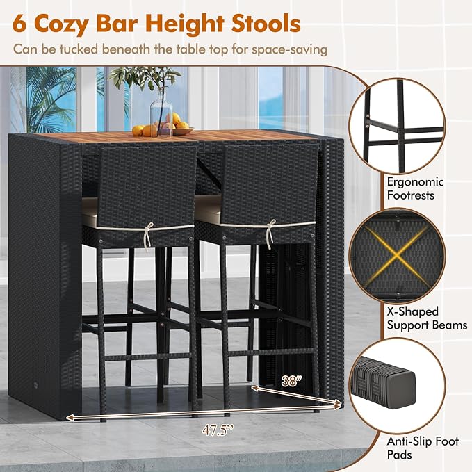 COSTWAY 5 Piece Patio Bar Set, Outdoor Rattan Wicker Bar Table and 30'' High - Image 6