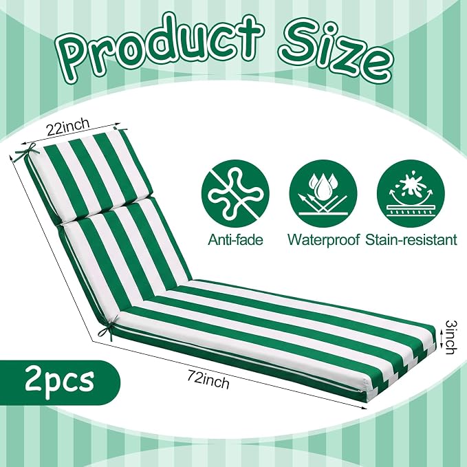 2 Pcs Indoor Outdoor Chaise Lounge Cushions Sponge Bench Outdoor Furniture - Image 2