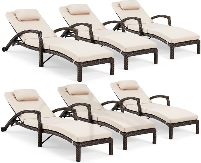 HOMREST Chaise Lounge Chairs Set of 6, PE Rattan Wicker Lounge Chair by HOMREST