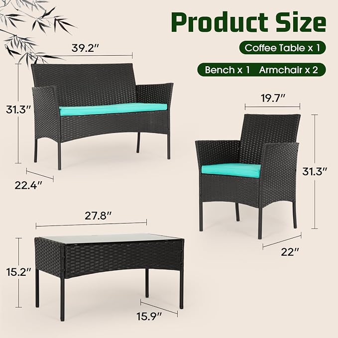 FDW | 4-Piece Patio Furniture Set | Blue | Outdoor Wicker Furniture - Image 2