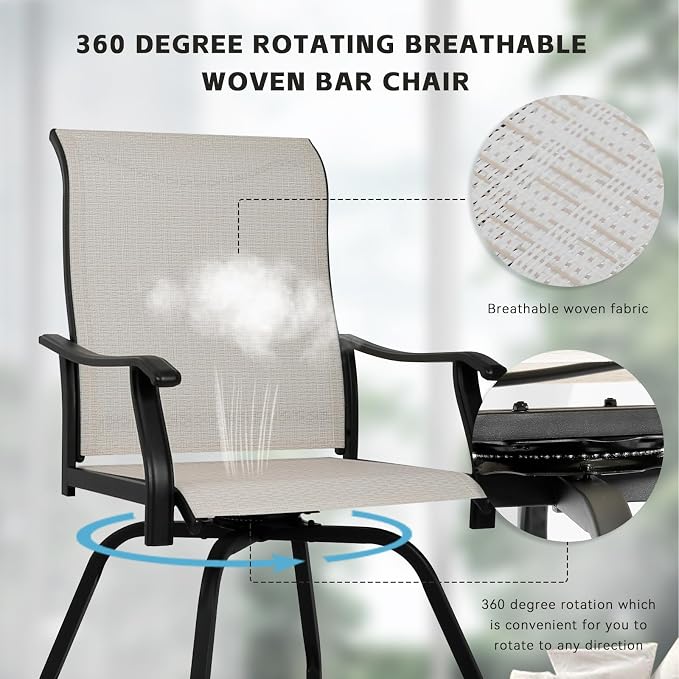 LEVELEVE Patio Bar Set 3pcs Swivel Bar Stools Outdoor Bistro Textilene - Image 5
