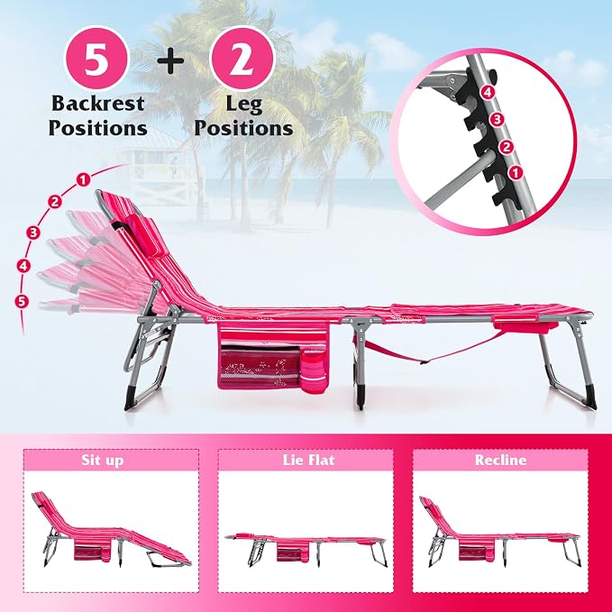GYMAX Tanning Chair, 330LBS Beach Lounge Chair w/Face Arm Hole & Shoulder Strap - Image 4