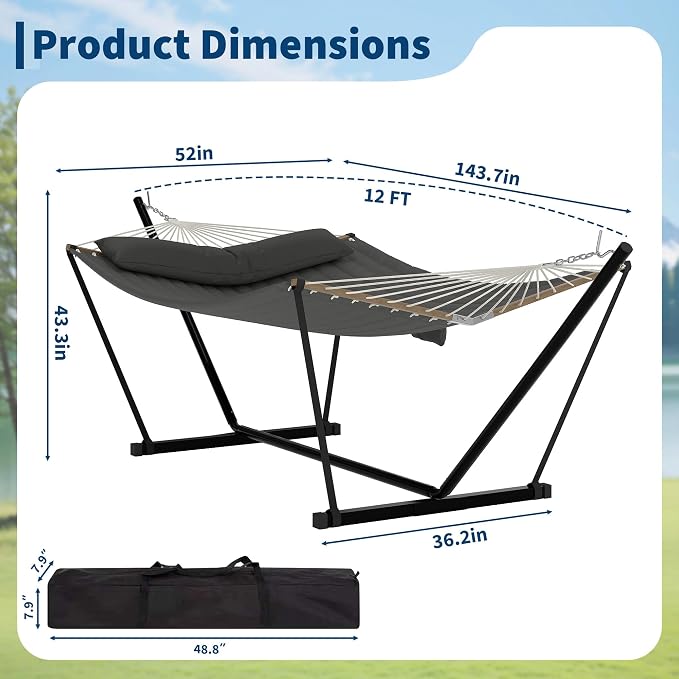 2 Person Double Hammock with Adjustable Steel Stand & Pillow, Heavy Duty - Image 2