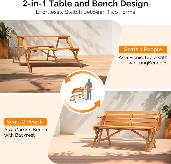VINGLI 2-in-1 Outdoor Wooden Picnic Table and Bench Set - Image 4