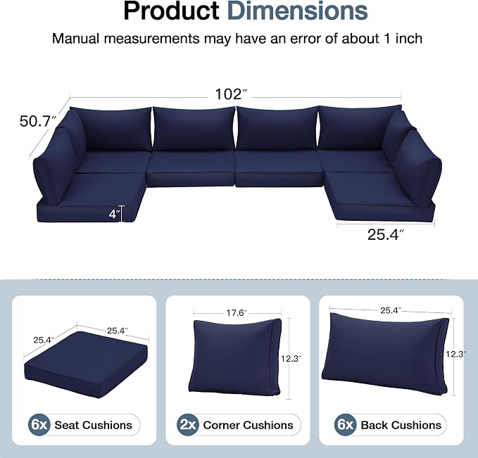 HOMREST 14-Piece Outdoor Patio Cushions, 25x25 Deep Seat Replacement, Water - Image 3