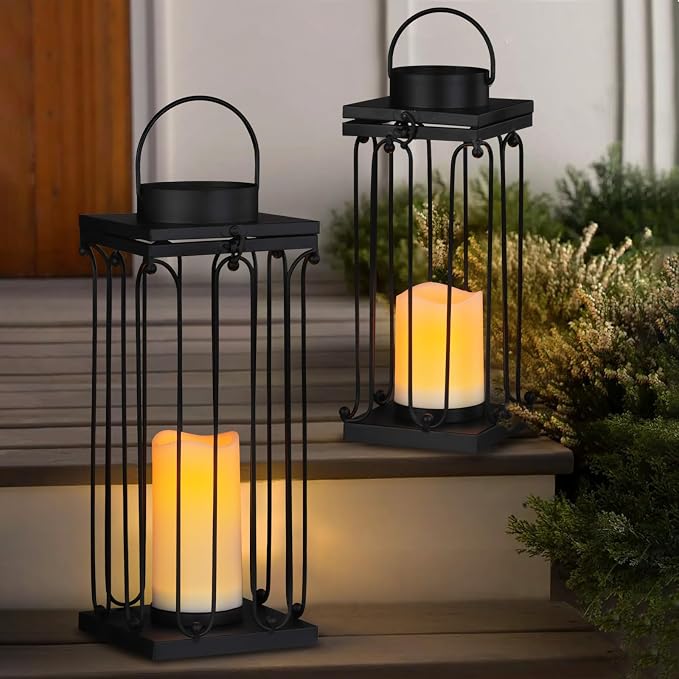 Solar Lantern Decorative Outdoor Set of 2 Modern Black Metal Lanterns - Image 2