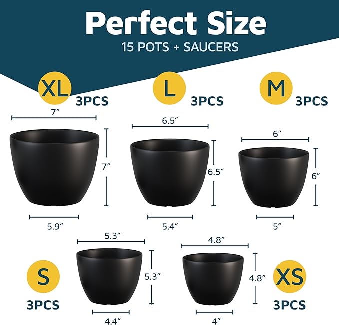 Black Plant Pots with Drainage Holes & Saucers 15 Pack, Indoor & Outdoor - Image 2
