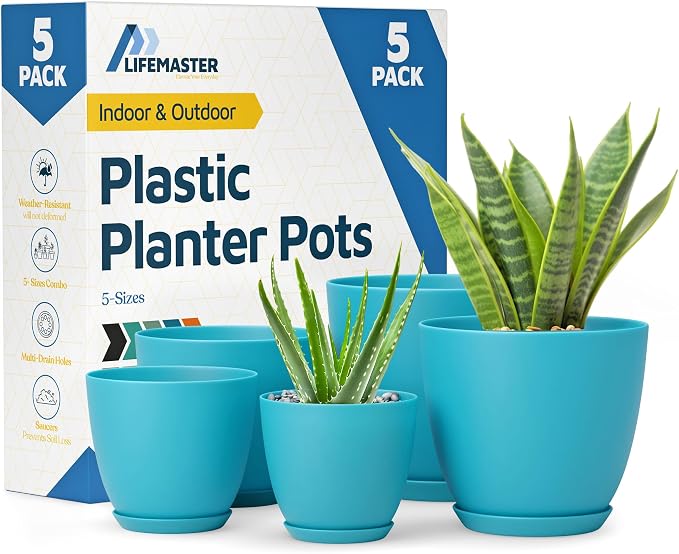 Blue Plant Pots with Drainage Holes & Saucers 5 Pack, Indoor & Outdoor by LIFEMASTER
