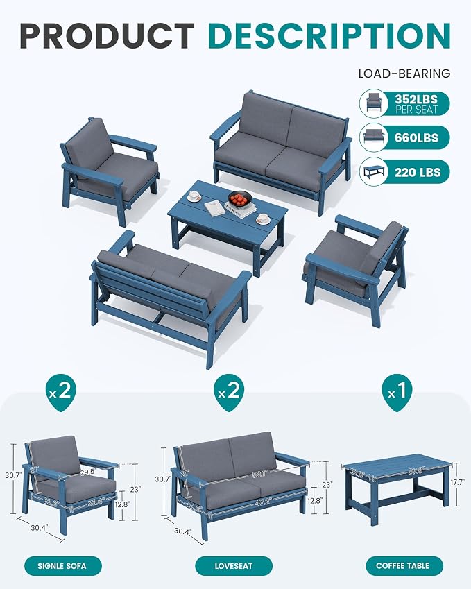 SERWALL HDPE Patio Furniture Set, 5 Piece All Weather Wood-Like Sectional - Image 2