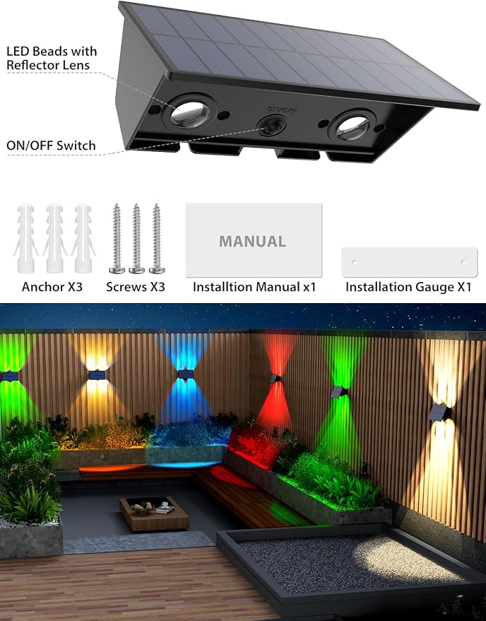 Solar Fence Lights, 12 Pack Solar Lights Outdoor Warm White + RGB Up & Down - Image 7