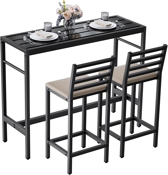 3 Piece Outdoor Patio Bar Set, 2 Cushioned 41" Bar Stools Modern Metal Outdoor by Gaonala