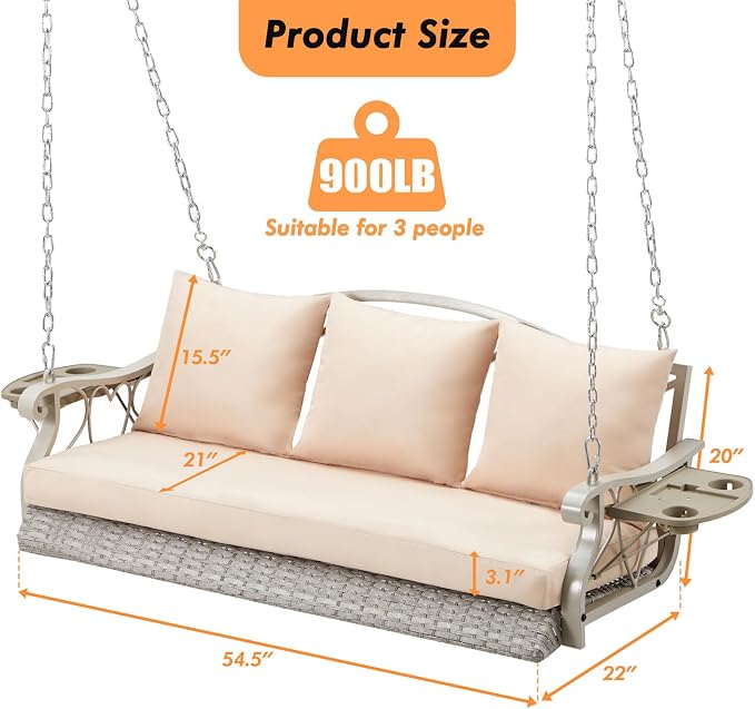 3-Person Wicker Porch Swing Chair Heavy Duty 900 LBS Outdoor Rattan Patio Swing - Image 6