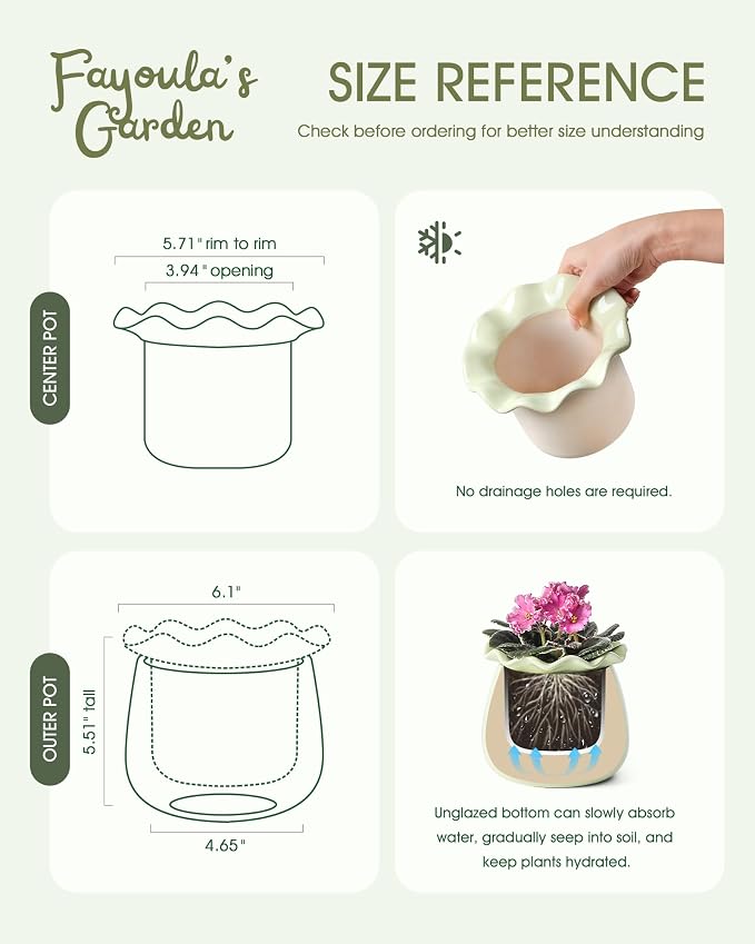 Self Watering Plant Pot, 6 Inch African Violet Pots Maintenance, Ceramic - Image 3