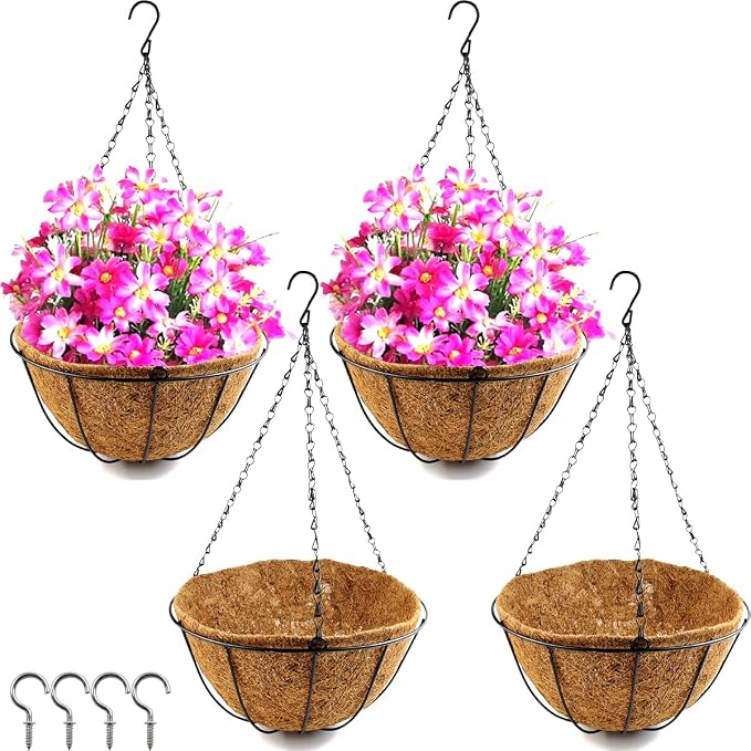 TIHOOD 4 Pack 12 inch Hanging Planter Basket Outdoor Large Hanging Flower Pots by Tihood