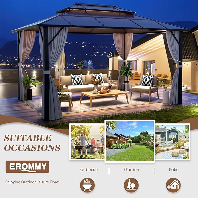 EROMMY 10' x 13' Gazebo Polycarbonate Double Roof Canopy Outdoor Aluminum Frame - Image 8