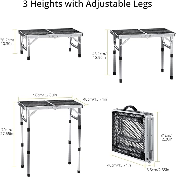 Anbte 2ft Folding Grill Table, Adjustable Height Max 27.5" Aluminum Camping - Image 3