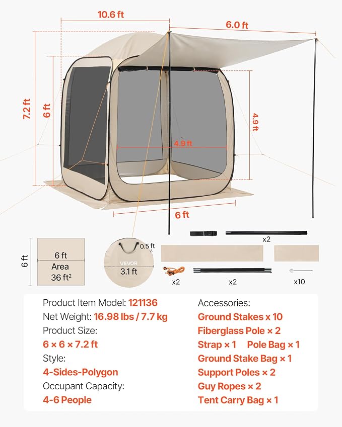 VEVOR 6 x 6 ft Pop-Up Screen House Tent - Image 8
