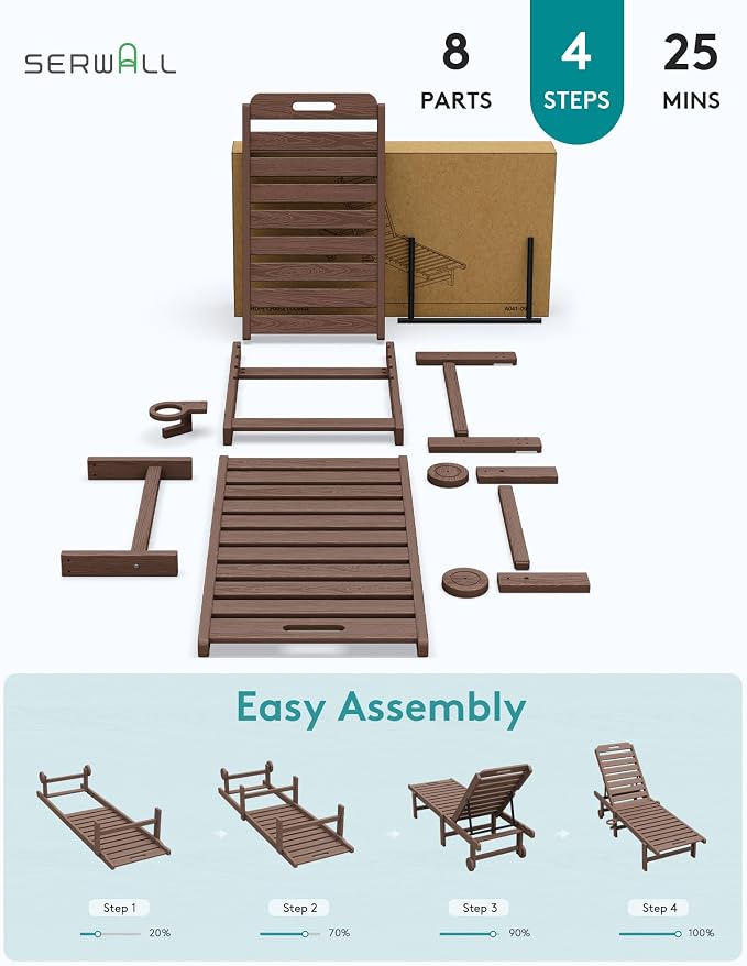SERWALL Patio Chaise Lounge, HDPE Outdoor Lounge Chair - Image 8