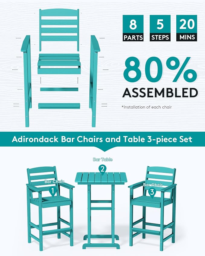 SERWALL Balcony Adirondack Chairs and Table 3 Pieces Set, Adirondack Bar Height - Image 4