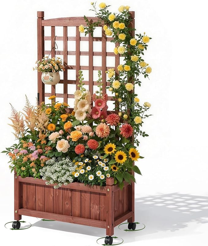 VINGLI Wooden Planter with Trellis, FreeStanding Planter Box with Drainage Holes by VINGLI