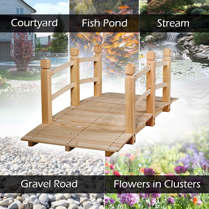 Giantex 5 FT Wooden Garden Bridge, Classic Wood Arc Footbridge - Image 7