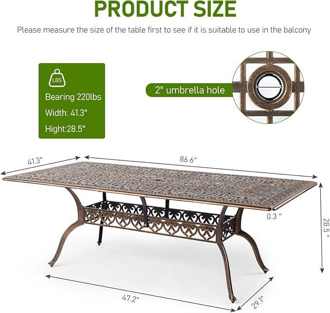 VINGLI 8-Person Outdoor Dining Table, Metal Dining Table - Image 3