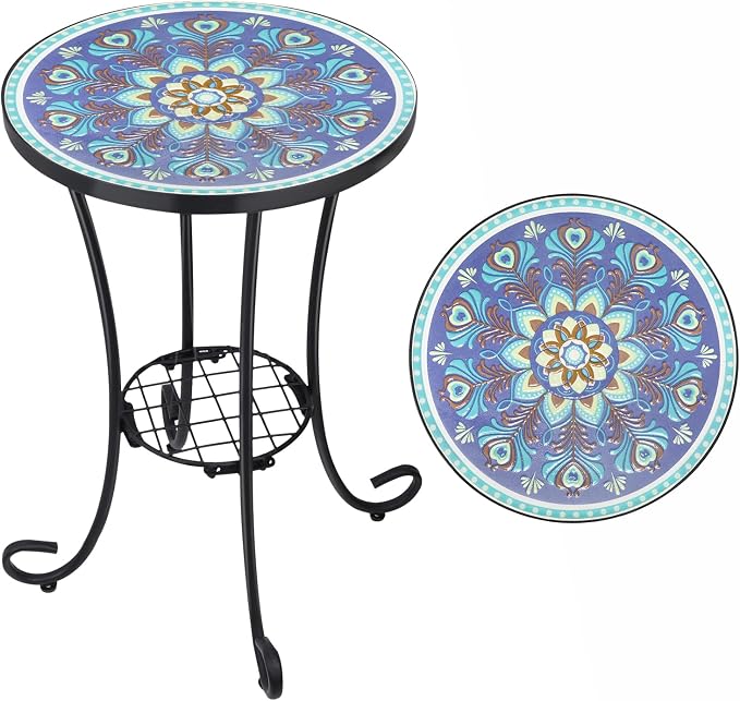VCUTEKA Outdoor Side Table Mosaic Patio Table Accent Tables Mosaic Tile Top by VCUTEKA