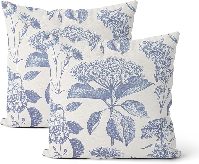 Vintage Blue Pillow Covers 20x20 Inch 2 Pcs Boho Floral Decor Throw Pillows by DAFENA