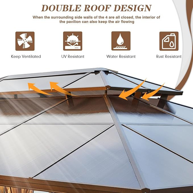 EROMMY 12' x 20' Gazebo Polycarbonate Double Roof Canopy - Image 4