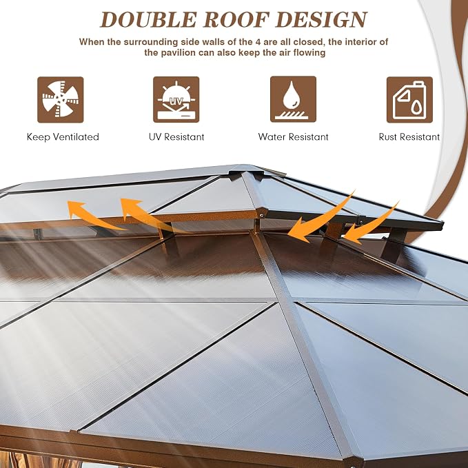 EROMMY 12'x16' Gazebo Polycarbonate Double Roof Pavilion Gazebo Outdoor - Image 4