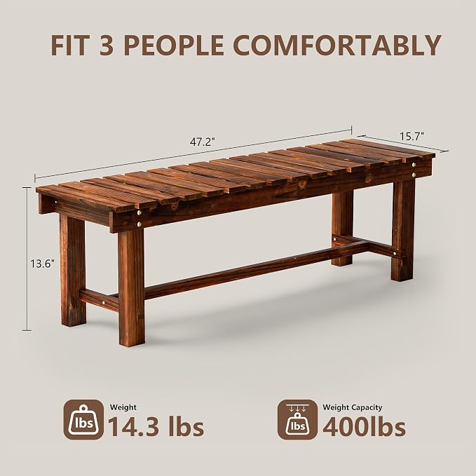 47.2" Outdoor Garden Bench, Weatherproof Patio Benches 3-Person Seat Backless - Image 2
