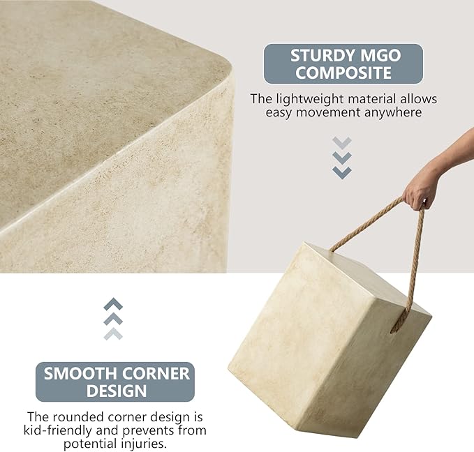COSIEST Set of 2 Concrete Side Table, Rectangular Outdoor Side Table w Hemp - Image 5