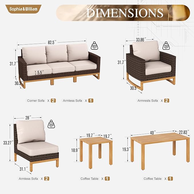 Sophia & William Large Patio Furniture Set, 8 Piece Luxury Rattan Outdoor - Image 7