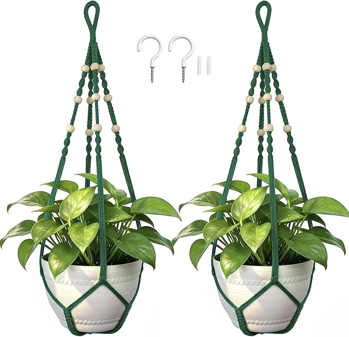 Macrame Plant Hanger, Wood Beads Cotton Hanging Planter Holder by Unknown