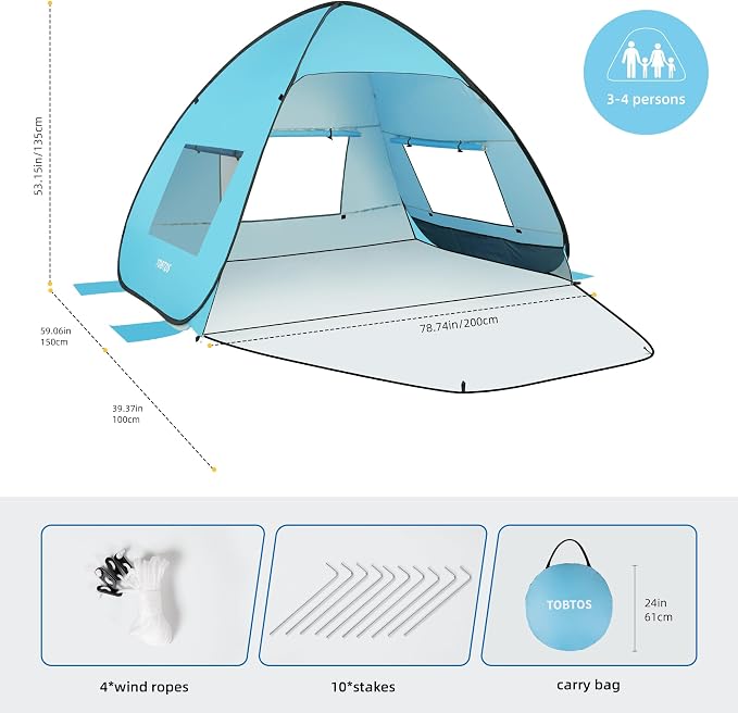 TOBTOS UPF 50+ Pop Up Beach Tent, Easy Set Up Beach Umbrella, Sun Shelter - Image 2