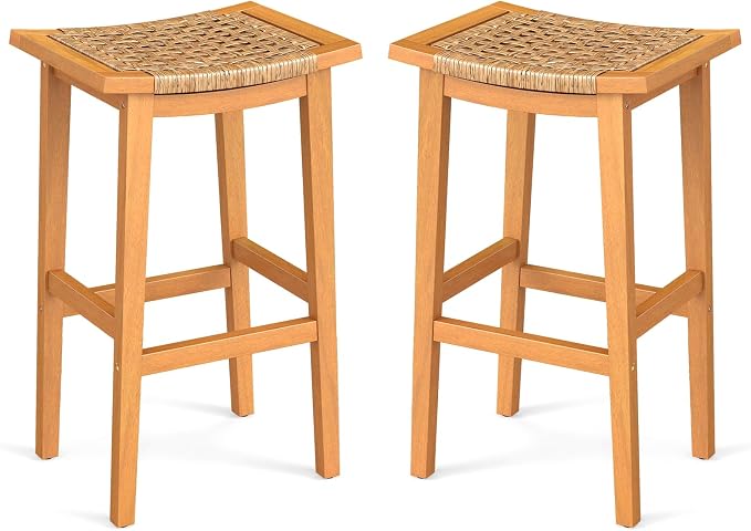 Giantex Outdoor Wooden Bar Stools Set of 2, Solid Acacia Wood Bar Height Stools by Giantex