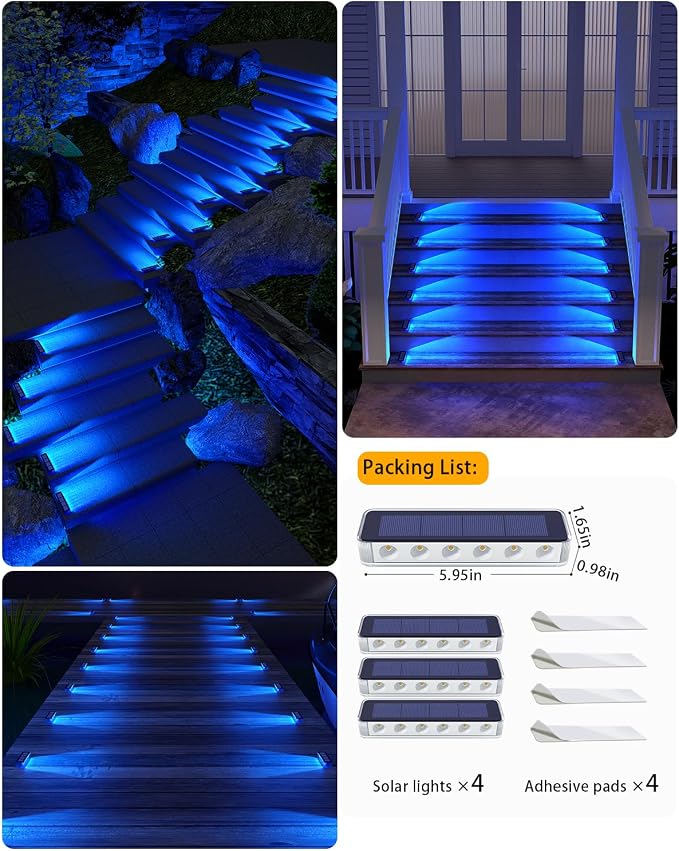 Blue Solar Lights for Outside, 4 Pack Solar Deck Lights Outdoor Waterproof LED - Image 6