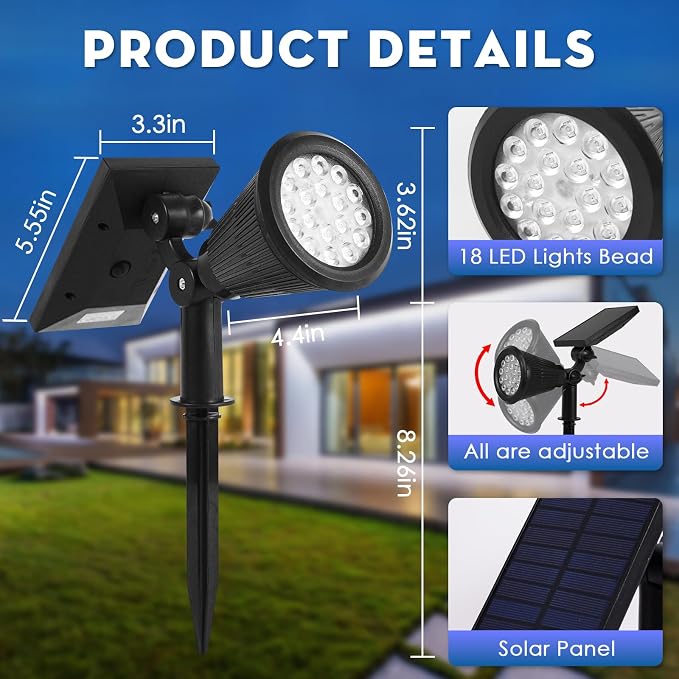 Solar Spot Lights Outdoor, 2-in-1 Wall Mount & Ground Stake 18 LEDs - Image 8