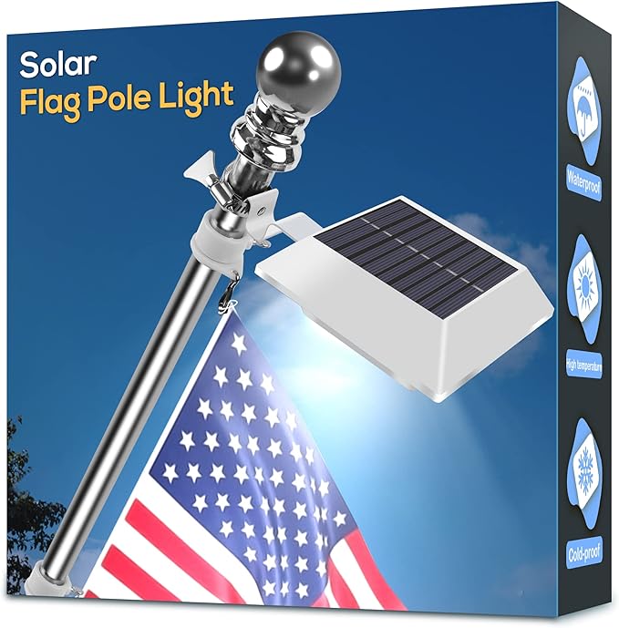 Solar Flag Pole Light, Bright White 6000k Flagpole Light Upgrade Solar Powered by Little+Joke