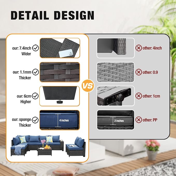 9 Pieces Patio Furniture Set All-Weather Outdoor Wicker Sectional Conversation - Image 3