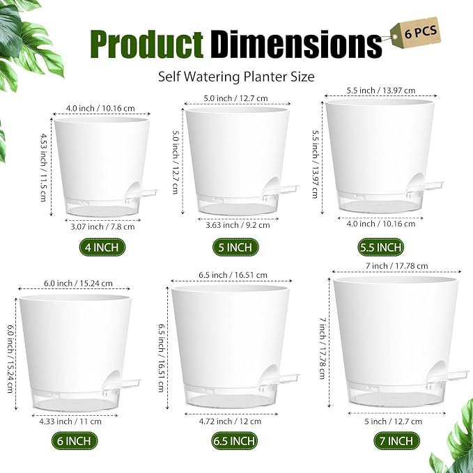 Plant Pots 4/5/5.5/6/6.5/7 Inch Self Watering Pots, 6 Pack Plastic Planters - Image 5