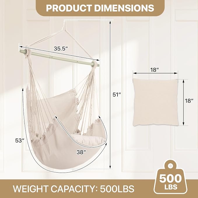 MoNiBloom Hammock Chair Hanging Rope Swing w/2 Cushions, Boho Macrame Hanging - Image 2