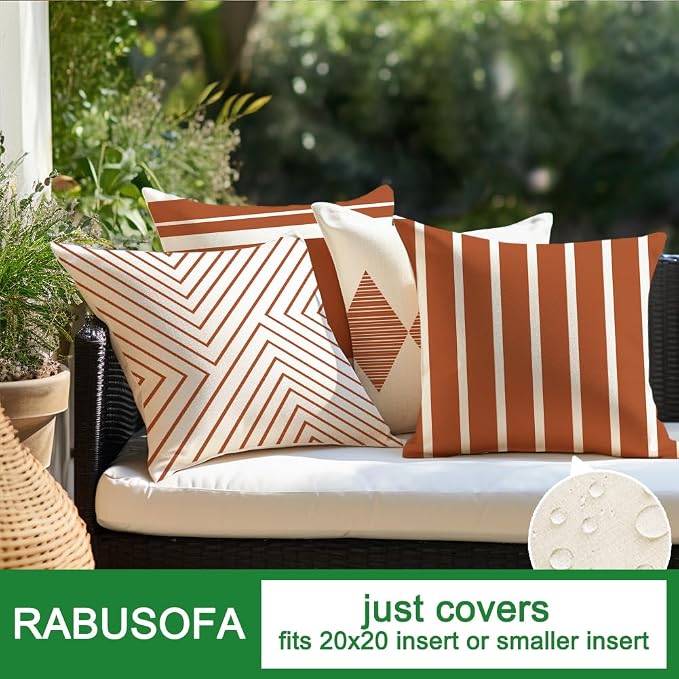 RABUSOFA Outdoor Pillows Covers 20x20 inch Waterproof, Fall Rust and Beige Boho - Image 2