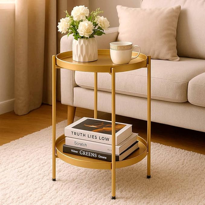 HollyHOME 2-Tier Round Gold Side Table, Outdoor Small Folding Accent Stand - Image 6