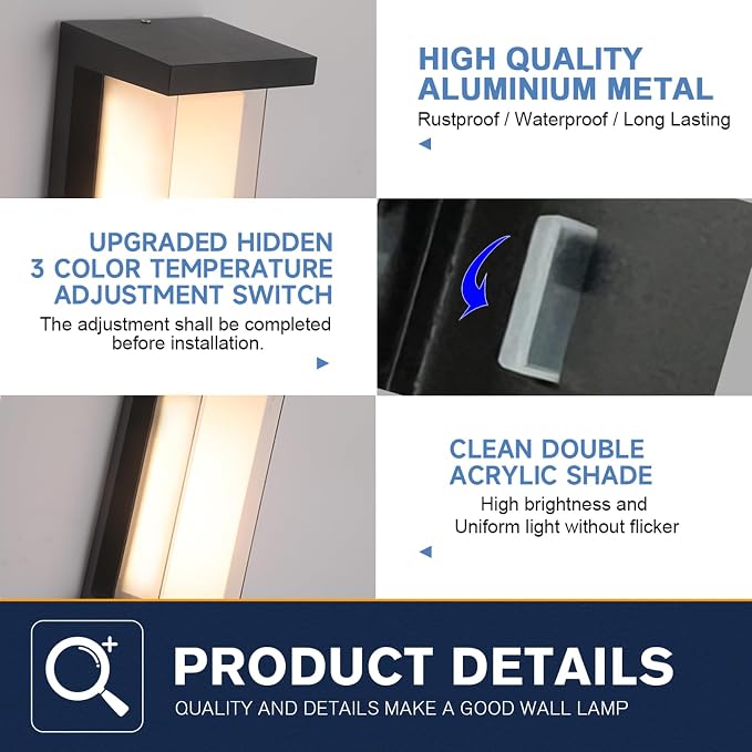 2 Pack 24W Outdoor Wall Lights Exterior/Interior LED 3-Color Adjustable 2100LM - Image 7