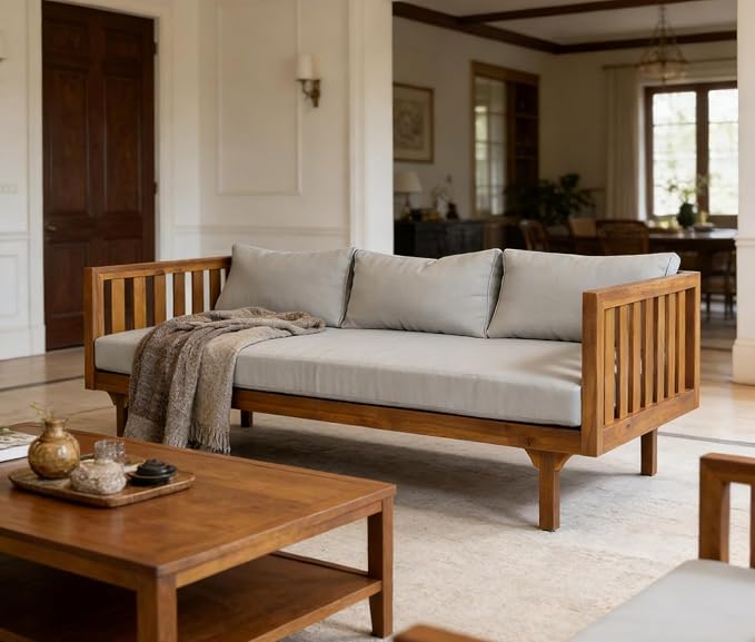 Merax Solid Acacia Wood Couch Chaise Lounge Chair Indoor, 3 Seater Daybed Sofa - Image 5