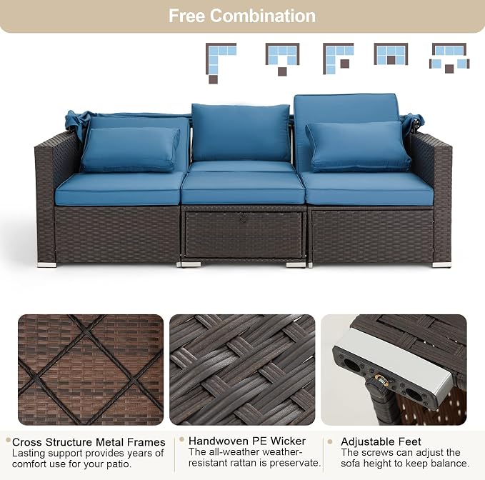 Vicluke 6 Pieces Patio Furniture Sets Outdoor Sectional Sofa Set Rattan Daybed - Image 5
